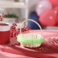 Mini woven flower basket with green lace ruffle handle, perfect for wedding candy storage. - Top Diameter 9cm, 10cm with Handle, 4cm without Handle / Green Scalloped Edge