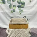 Close-up detail of rectangular woven storage basket with beige fabric liner for home organization. - Small Size with Liner / 33x23x11cm