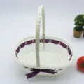 White woven flower basket with purple ribbon, handheld storage basket for gifts and decor. - Purple