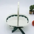 White woven wicker flower basket with dark green ribbon and handle for gift packaging storage - Dark Green