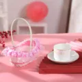 Detail shot of pink lace wicker basket featuring decorative ruffles and sweet aesthetic. - Pink Lace with Handle