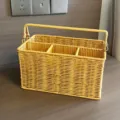 Woven rattan storage basket detail view, multi-compartment design with handle for desk. - Small (30x17.5x15.5cm) / Pepper Brown