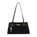 Classic black shoulder bag with gold hardware and chic strap lock design for women. - Black