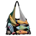 Knitted fish tote bag for women casual shoulder bag with 3d fish and fringe aesthetic - Black and Gray