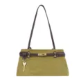 Green suede shoulder bag with brown leather handles and gold lock charm for daily commute. - Green