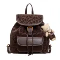 Brown leopard print women backpack casual PU leather school bag with cute bear pendant - With Pendant / Coffee