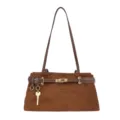 Brown suede shoulder bag for women, retro tote purse with lock decor and daily commuter style. - Brown