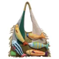 Knitted hobo shoulder bag with cute 3D fish patchwork, casual slouchy knit tote for women. - Green Khaki