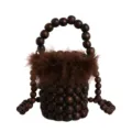 Καφέ ξύλινη τσάντα bucket με πλούσια χνουδωτή επένδυση, κομψή γυναικεία τσάντα ώμου. - Καφέ