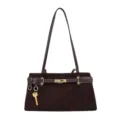 Stylish brown suede shoulder bag with chic belt accent, elegant top handle and metal lock. - Brown