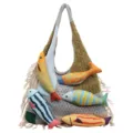 Knit tote bag with playful fish decor, casual slouchy shoulder bag for women daily. - Grey Green