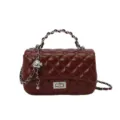 Borsa a tracolla trapuntata in pelle PU bordeaux con catena da donna, elegante borsetta. - Rosso