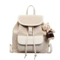 Korean style casual women leather backpack in off-white featuring a cute bear pendant. - With Pendant / Off White