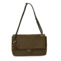 Stylish woven women's shoulder bag with flap and metal lock, elegant olive green design. - With Pendant / Green