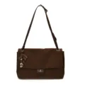 Minimalist brown woven leather shoulder bag, chic flap design with stylish metal twist lock. - With Pendant / Coffee