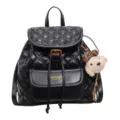 Black quilted leather backpack with front pocket, drawstring closure and cute bear pendant. - With Pendant / Black