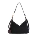 Black suede shoulder bag for women, chic underarm hobo purse with woven pendant and strap. - Black