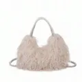 Modische flauschige Handtasche für Damen, lässige Umhängetasche mit geflochtenem Griff. - Gebrochenes Weiß