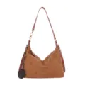 Brown suede shoulder bag for women, chic hobo underarm handbag with woven charm pendant. - Brown