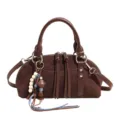 Bolso de mano de ante marrón, bolso bandolera vintage con borla y abalorios de cuentas. - Con Colgante / Marrón