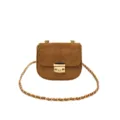 Brown suede mini shoulder bag with gold chain strap and metal lock, chic cross-body style for kids. - Brown