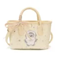 Cute cream mini handbag with fluffy bear patch, star studs, and plaid ribbon for daily wear. - Astronaut Off-White