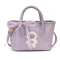 Purple mini shoulder bag for women, cute plush bear patch, casual tote handbag with bow. - Astronaut Purple