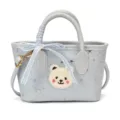 Cute blue handbag with bear patch and bow, casual shoulder crossbody bag for women daily use. - Off-White Fat Bear Blue