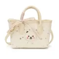 Mini cream white canvas tote bag with cute bear patch, star studs, and ribbon strap. - Off-White Fat Bear White