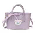 Stylish purple mini tote bag with cute bear patch and plaid bow for women daily use. - Pink Ear White Bear Purple