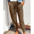 Women casual leopard print loose jogger pants with elastic drawstring high waist design. - Brown