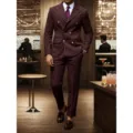 Men's double-breasted pinstripe suit set business wedding party suit jacket and pants - S / Top And Bottom / Navy Blue