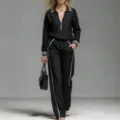 Ensemble survêtement femme décontracté col polo manches longues rayure pantalon - S / Haut Et Bas / Noir