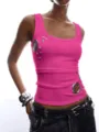 Pink ribbed tank top, slim fit sleeveless shirt with metal grommets and eyelet cutout details. - Rose Red