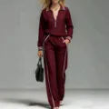 Femmes élégant revers contraste rayures manches longues pantalon ensemble décontracté - S / Haut Et Bas / Rouge