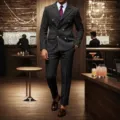 Men's pinstripe double breasted suit set business evening party wedding formal wear - S / Top And Bottom / Black