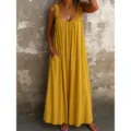 Yellow ruffle strap maxi dress with pockets, casual sleeveless U-neck pleated long dress. - S / Yellow