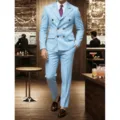 Men's light blue pinstripe double breasted suit set stylish business party wedding blazer pants - S / Top And Bottom / Blue