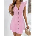 Summer Women Pink Striped V-Neck Flutter Sleeve Dress Casual Elegant Beach Party Wear - S / Pink
