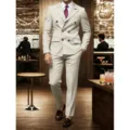 Men's double breasted pinstripe suit set for business wedding and formal occasions - S / Top And Bottom / Light Khaki