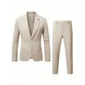 Men Casual Beige Suit Set Two Piece Solid Color Blazer And Trousers Regular Fit Outfit - S / Khaki