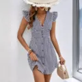 Women Navy Blue Striped V-Neck Ruffle Sleeve Mini Dress Summer Button Casual Outfit - S / Black