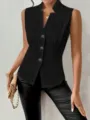 Gilet de costume tricoté boutonné femme sans manches, haut chic pour travail quotidien. - S / Noir