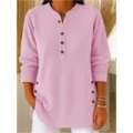 Women's casual solid color V-neck button long sleeve ribbed top comfortable autumn clothing - Pink