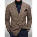 Mens classic houndstooth double breasted blazer casual suit jacket fashion variant - S / Brown