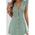 Green striped V-neck flutter sleeve dress, elegant summer mini dress for women. - S / Green