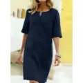 Casual women dark blue short sleeve solid color linen midi dress for daily summer wear. - S / Navy Blue