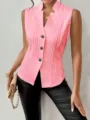 Femme rose sans manches texturée bouton costume gilet élégant mode bureau haut détail. - Pêche