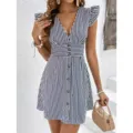 Black and white striped V-neck flutter sleeve button-down mini dress for women summer. - S / Dark Blue