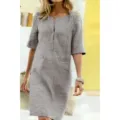 Grey short-sleeve cotton linen midi dress, casual V-neck tunic dress for daily wear. - S / Light Gray
